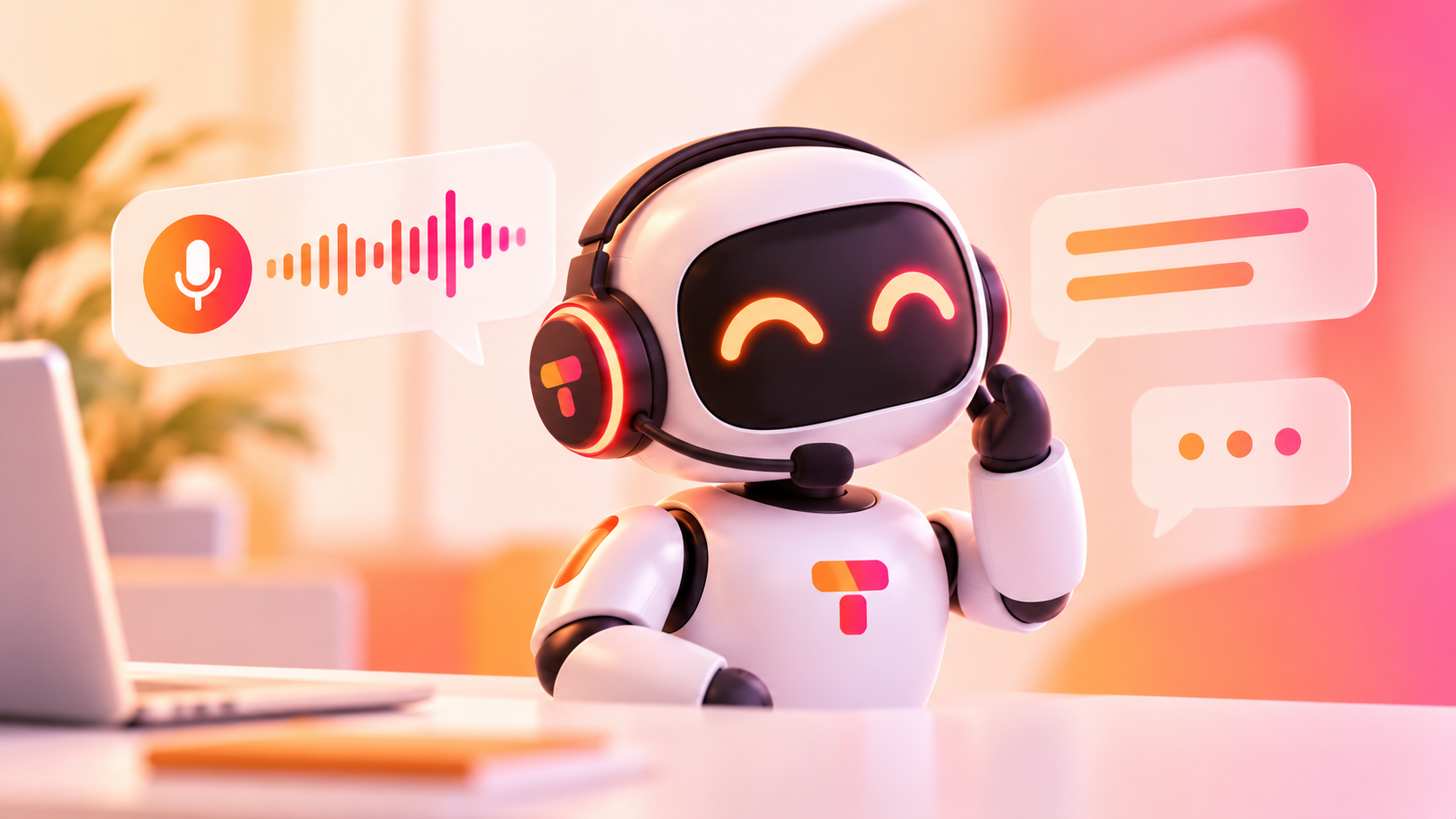AI-gesprekspartner met headset en tekst- en spraakballonnen in de oranje-roze Telforce-huisstijl