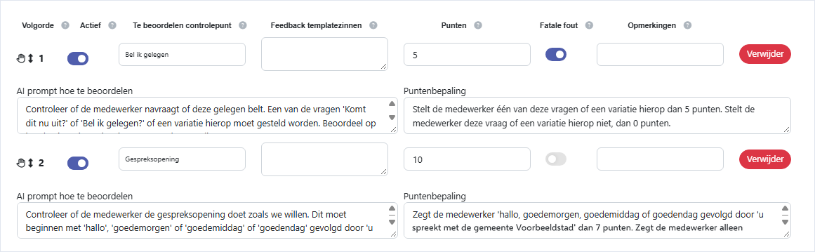 Voorbeeld van een scorecard met controlepunten Bel ik gelegen en Gespreksopening, eigen beoordelingsinstructies en punten per onderdeel